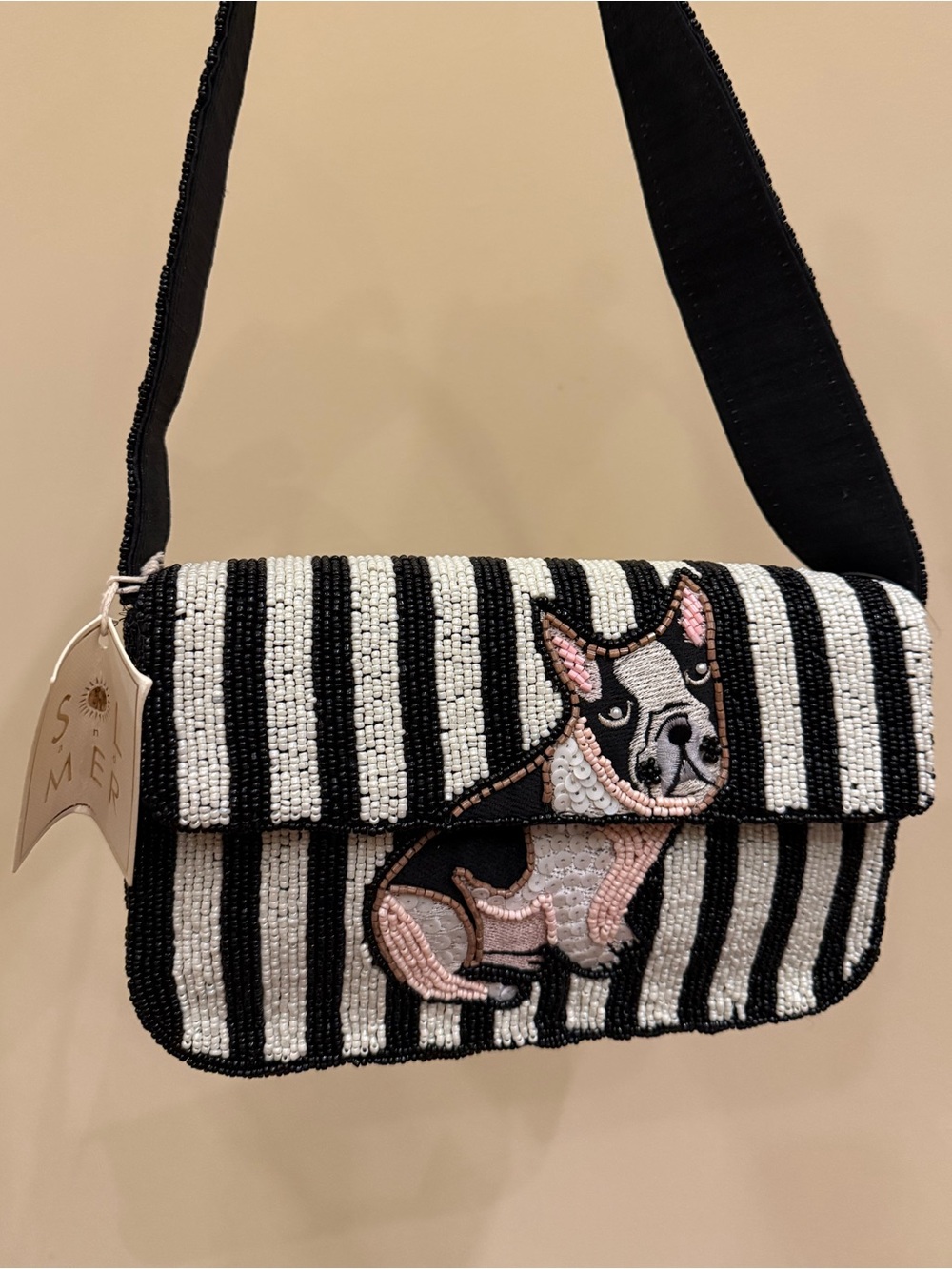 NWT Sol and Mer French Bulldog Dog Striped Black White Fall Beaded Shoulder Bag